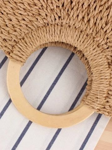Hand Woven Paper Rope Handbag With Wooden Handle Large Capacity Solid Color Summer Beach Vacation Tote For Women