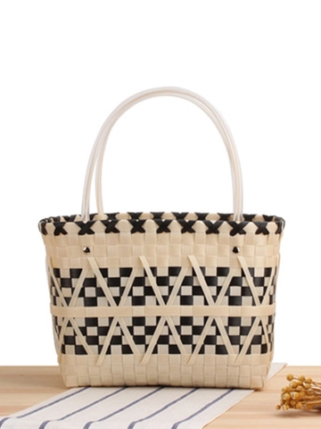 Borsa A Mano Intrecciata A Mano In Plastica PVC Motivo A Scacchi Geometrico Cesto Da Picnic Borsa Tote Per Donna Quotidiana