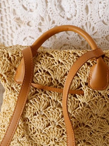 Women Woven Paper Rope Backpack Casual Bohemian Crochet Beach Bag With PU Leather Straps Straw Travel Bag