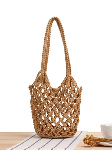 Handmade Crochet Cotton Rope Shoulder Bag Hollow Mesh Summer Beach Tote Bohemian Style Casual Handbag
