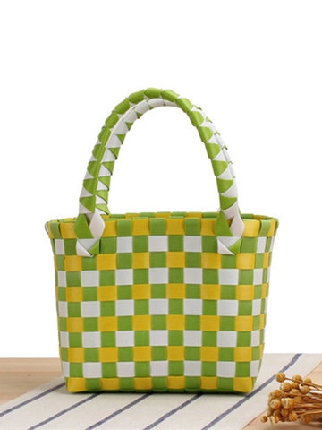 Mini Borsa A Mano Cesto Intrecciato A Mano In Plastica Quadri Colorati Per Stile Casual Quotidiano