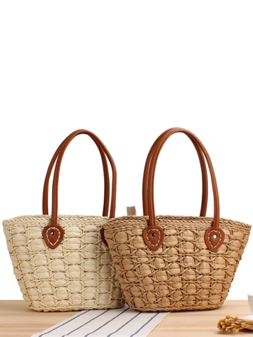 Französische Retro Stroh Gewebte Tragetasche Papierseil Korb Handtasche Ledergriff Reißverschluss Sommerurlaub Damen