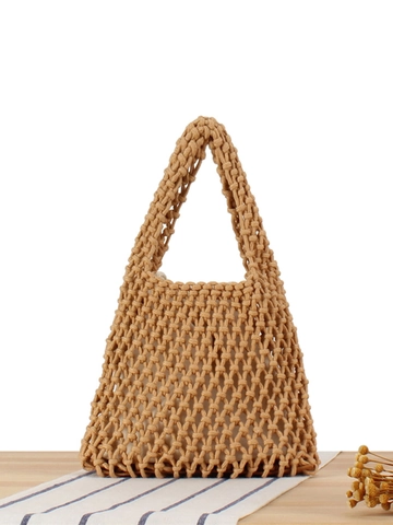 Sac À Main En Corde De Coton Tissé À La Main Évidé Plage Vacances Bohème Fourre-Tout Avec Doublure En Toile Fond En Cuir