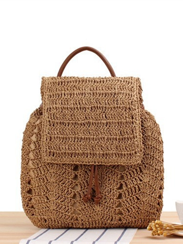 Hand Woven Paper Rope Backpack With PU Leather Straps Hollow Out Design Drawstring Closure Casual Beach Holiday Style For Women