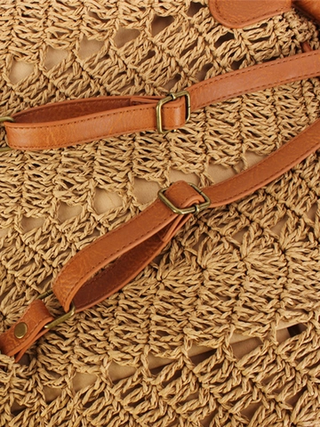 Hand Woven Paper Rope Backpack With PU Leather Straps Hollow Out Design Drawstring Closure Casual Beach Holiday Style For Women