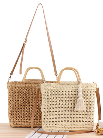 Women Woven Crossbody Bag Paper Rope Hollow Wood Handle Detachable Strap Tassel Summer Beach Vacation