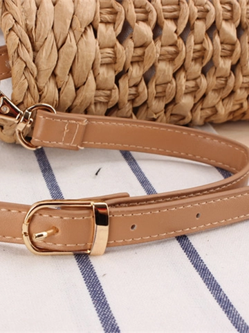 Women Woven Crossbody Bag Paper Rope Hollow Wood Handle Detachable Strap Tassel Summer Beach Vacation
