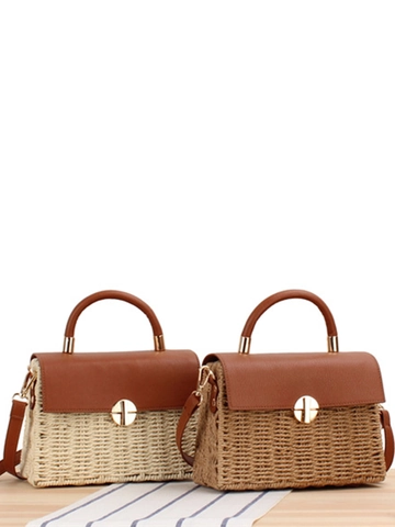Gewebte Umhängetasche Papierschnur Stroh Handtasche PU Leder Patchwork Klappe Box Stil Urlaub Resort Vintage Damen