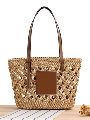 Bolso De Hombro Tejido A Mano De Paja De Papel Mujer Correas Cuero PU Color Block Verano Playa Vacaciones Bolso Grande