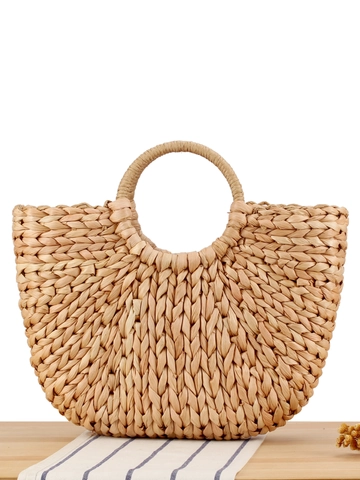 Hand-Woven Corn Husk Handbag Large Capacity Straw Tote With Round Handles Drawstring Closure Summer Beach Vacation For Women