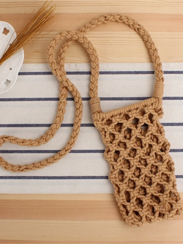 Hand Woven Cotton Rope Crossbody Phone Bag Hollow Mesh Bohemian Style Women Shoulder Purse Small Net Pouch