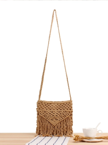 Bohemian Handmade Woven Cotton Rope Crossbody Bag Fringed Tassel Geometric Pattern Retro Ethnic Shoulder Bag For Women