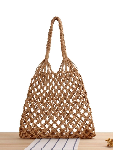 Women Hand Woven Crochet Shoulder Bag Cotton Rope Hollow Mesh Tote For Summer Beach Vacation Bohemian Style