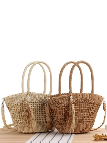 Damen Gewebte Umhängetasche Papierschnur Hohl Design Quaste Künstliche Perle Sommer Strand Urlaub Böhmische Retro Handtasche