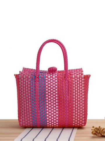 Handmade Woven Handbag PVC Plastic Contrast Color Summer Beach Picnic Basket With Top Lid And Handles For Women