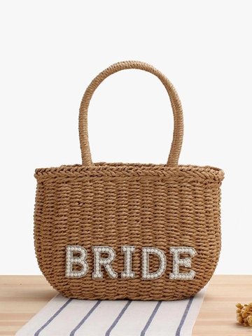 Borsa A Mano In Corda Di Carta Intrecciata Con Lettere Bride In Künstliche Perle Decorazione Nastro In Pizzo Matrimonio Vacanze Spiaggia