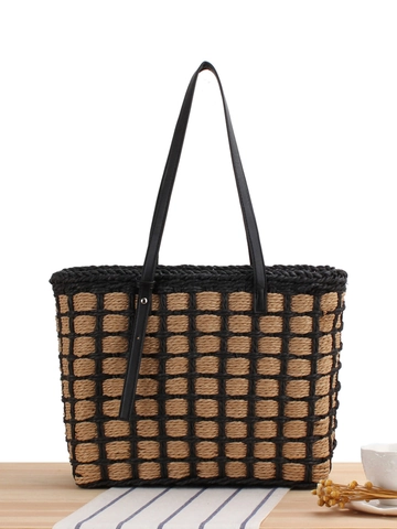 Women Handwoven Paper Rope Tote Bag Checkered Large Capacity Shoulder Bag With PU Leather Straps Casual Summer Vacation