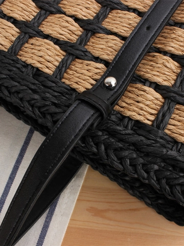 Women Handwoven Paper Rope Tote Bag Checkered Large Capacity Shoulder Bag With PU Leather Straps Casual Summer Vacation