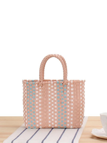 Macaron Color Striped Plastic Woven Handbag Summer Beach Vacation Mini Basket Bag For Kids And Women