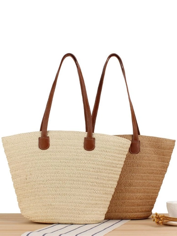 Women Large Capacity Paper Woven Tote Bag Mori Style Handmade Beach Shoulder Bag For Summer Vacation Travel Casual Handbag