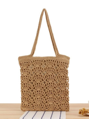 Handgefertigte Häkel-Tragetasche Baumwollseil Gewebte Ausgehöhlte Schalenmuster Strandurlaub Retro Vintage Damen Schultertasche