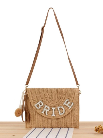 Borsa A Tracolla A Busta In Paglia Intrecciata Con Lettere In Künstliche Perle E Strass Bride Estate Spiaggia Matrimonio Pochette Donna