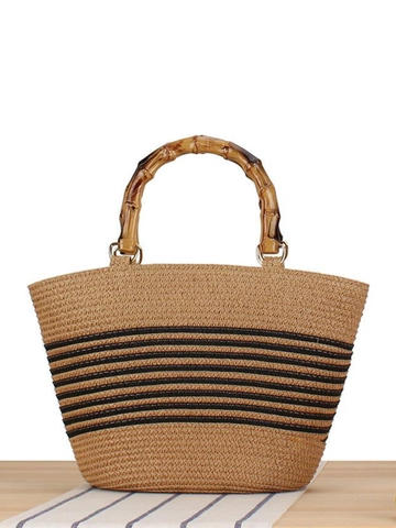 Strohhandtasche Gewebt Kontraststreifen Papierseil Tote Mit Bambusgriff Damen Sommer Strand Urlaub Handtasche