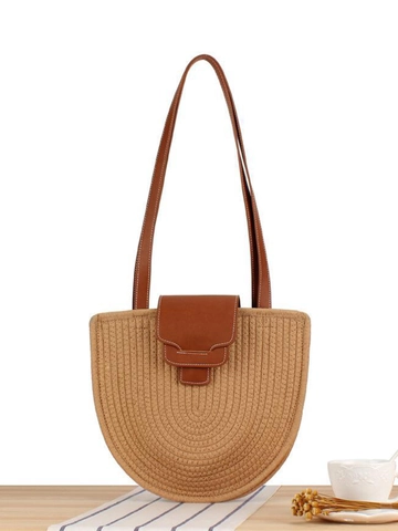 Französische Retro Gewebte Schultertasche Baumwollseil PU Leder Klappe Magnetverschluss Halbrund Sommer Strand Urlaub
