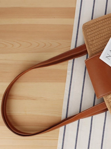 Französische Retro Gewebte Schultertasche Baumwollseil PU Leder Klappe Magnetverschluss Halbrund Sommer Strand Urlaub