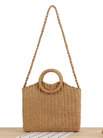 Woven Straw Handbag With Round Handle Square Summer Beach Shoulder Bag For Women Paper Rope Fashion
