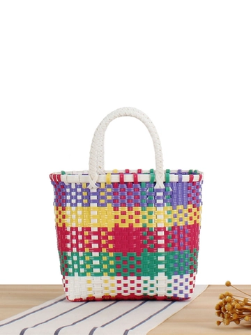 Sac à Main en Plastique PVC Tissé Coloré Fait à la Main pour Femmes Petit Sac Carré pour Pique-nique Plage Panier de Courses Extérieur