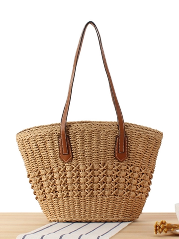 Große Kapazität Stroh Gewebte Tasche Papierseil Handtasche Mit PU Ledergriff Für Sommer Strand Urlaub Damen Schulter