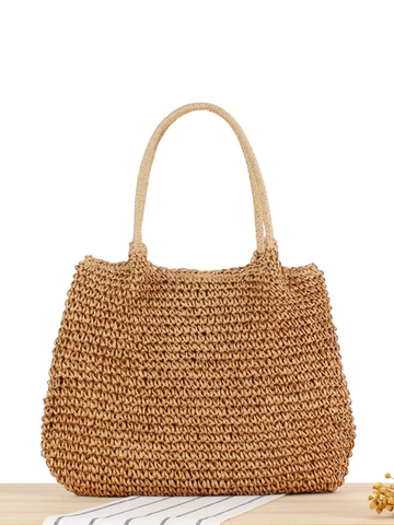 Women Hand Woven Paper Rope Shoulder Bag Pleated Opening Large Capacity Vacation Beach Casual Tote Handbag