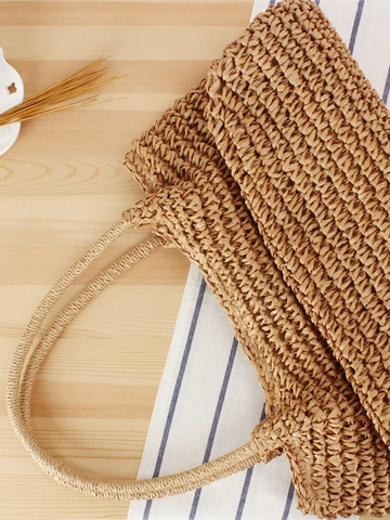 Women Hand Woven Paper Rope Shoulder Bag Pleated Opening Large Capacity Vacation Beach Casual Tote Handbag
