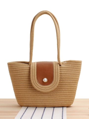 Bolso Tote De Cuerda De Algodón Tejido Con Hebilla De Perla Artificial Y Solapa De Cuero Gran Capacidad Bolso De Hombro Para Mujer