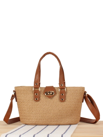 Damen Casual Gewebte Umhängetasche Papierschnur Stroh Schultertasche Mit PU Leder Griff Metallschloss Verstellbarer Riemen