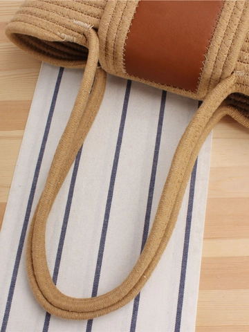 Bolso Tote De Cuerda De Algodón Tejido Con Lazo De Encaje Perla Artificial Solapa De Cuero Bolso De Mano De Gran Capacidad Para Vacaciones En La Playa