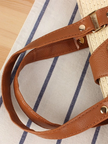 Damen Casual Gewebte Umhängetasche Papierschnur Stroh Schultertasche Mit PU Leder Griff Metallschloss Verstellbarer Riemen