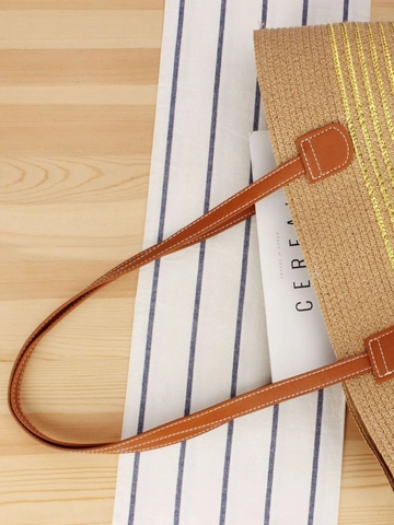 Gestreifte Gewebte Papier Stroh Tragetasche Große Kapazität Sommer Strand Urlaub Schulterhandtasche Mit PU Leder Riemen Damen
