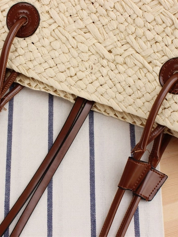 Große Gewebte Strohhandtasche Papier Sommer Strand Urlaub Schultertasche Kontrastfarbene PU Gurte Lässig