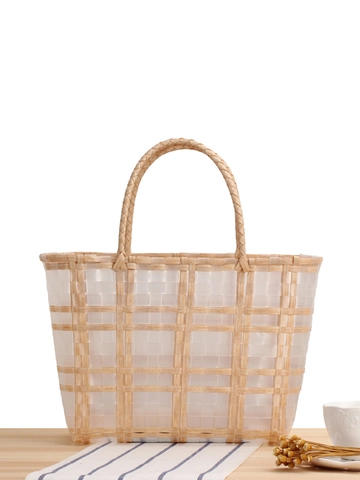 Handgewebte Plastik Tragetasche Kariert Wasserdichte Strandhandtasche Für Frauen Minimalistischer Lässiger Einkaufskorb Sommerstil