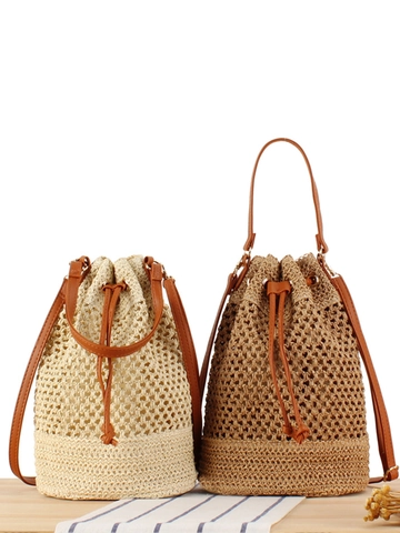 Gewebte Beuteltasche Papierschnur Stroh Hohl Kordelzug Schulter Handtasche Damen Sommer Strand Urlaub Boho Lässig