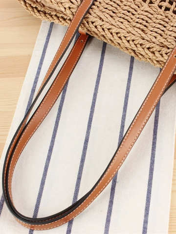 Damen Gewebte Papierschnur Einkaufstasche Große Kapazität Strand Urlaub Schultertasche PU Lederriemen Patch