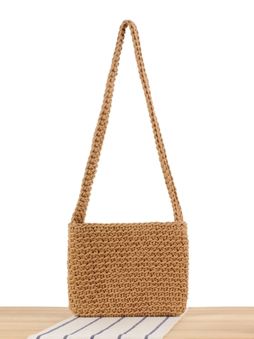 Women Woven Shoulder Bag Hand-Crocheted Cotton Rope Underarm Bag Solid Color Casual Square Purse For Vacation