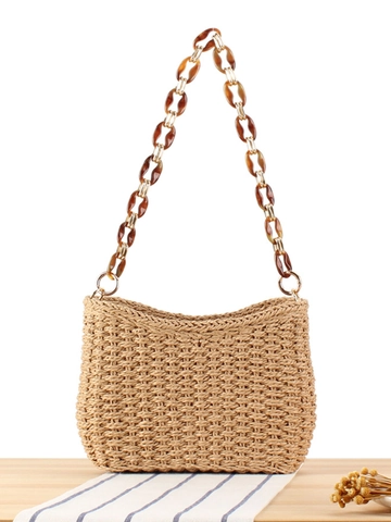 Hand Woven Paper Rope Shoulder Bag Amber Acrylic Chain Strap Minimalist Summer Vacation Hobo Style For Women