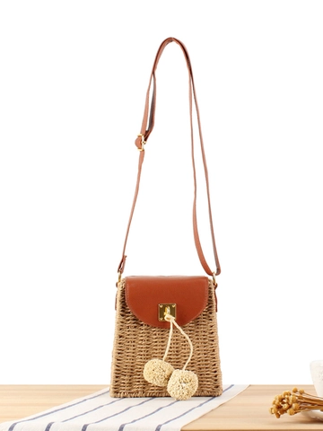 Woven Crossbody Bag Paper Rope Beach Vacation Simple Retro Small Square Box Bag With Leather Flap And Pompoms For Women