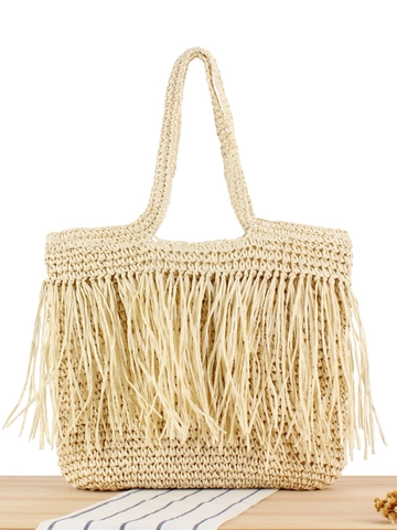 Handgefertigte Gewebte Papiere Stroh Umhängetasche Mit Langen Quasten Große Kapazität Strandurlaub Boho Tote Für Damen