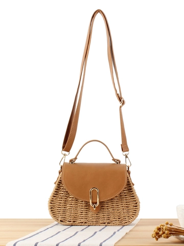 Damen Gewebte Papierschnur Umhängetasche Mit PU Lederklappe Vintage Sommer Strand Urlaub Handtasche Verstellbarer Gurt