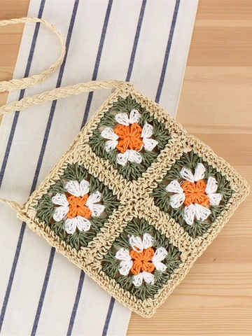 Handgefertigte Häkeltasche Aus Papierseil Umhängetasche Mit Granny Square Gänseblümchenmuster Für Damen Strandurlaub