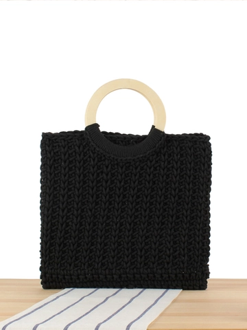 Baumwollseil Gewebte Handtasche Mit Runden Holzgriffen Kordelzug Canvas Innentasche Böhmische Strand Urlaub Tote Damen